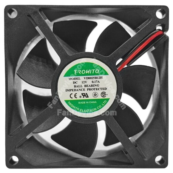 TROHITO VD8025B12H DC 12V 0.17A Ball Bearing Impedance Protected Axial Fan