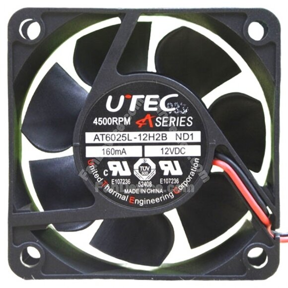 UTEC AT6025L-12H2B ND1 DC 12V 160mA 2 Wires 4500RPM Axial Cooling Fan