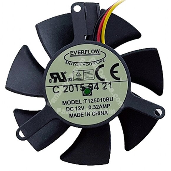 EVERFLOW T125010BU DC 12V 0.32AMP 3 Wires Axial Cooling Fan